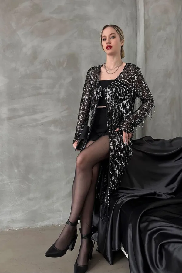 Cardigan long en gros - Noir argenté | TOPSHOW | F1618