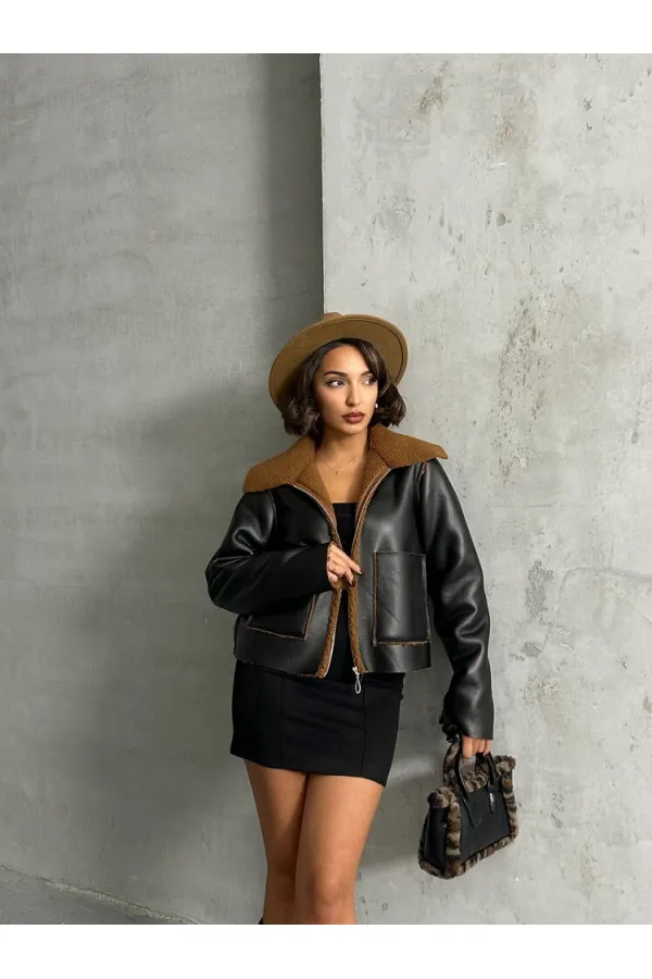 Amine Leather Zippered Wholesale Coat - Black Brown | TOPSHOW | F1511