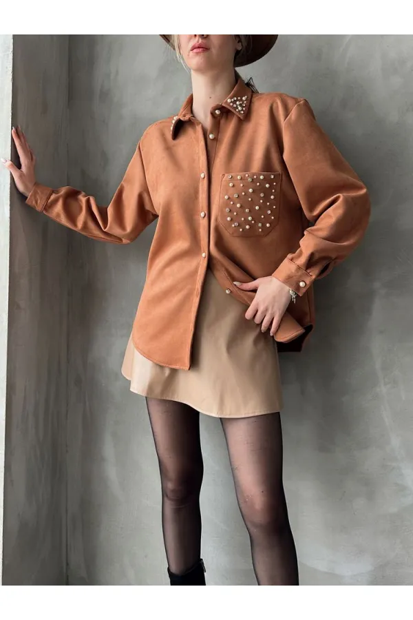 Chemise avec poche en pierre - Tan | TOPSHOW | F1617