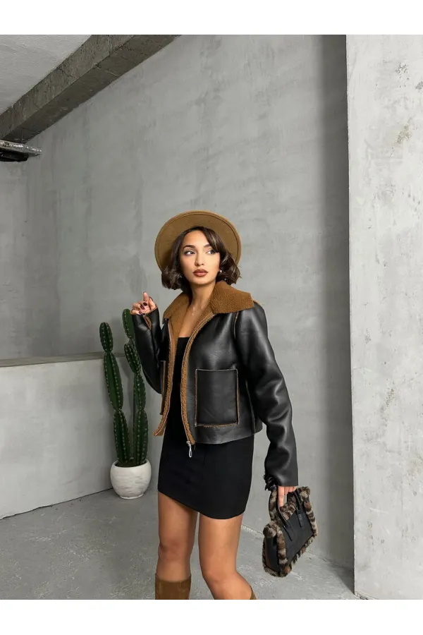 Amine Leather Zippered Wholesale Coat - Black Brown | TOPSHOW | F1511