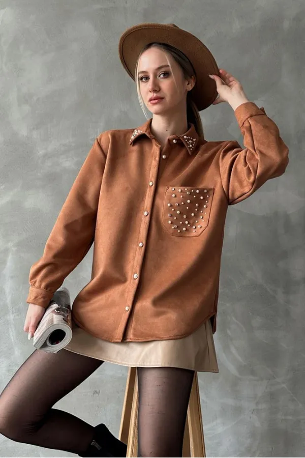 Chemise avec poche en pierre - Tan | TOPSHOW | F1617