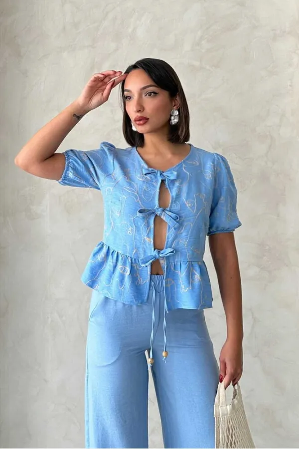 Front-Tie Embroidered Wholesale Blouse - Light Blue | Topshow