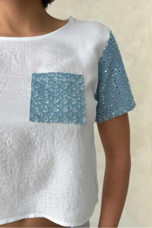 Denim Detailed Wholesale T-Shirt - Cream Blue | Topshow