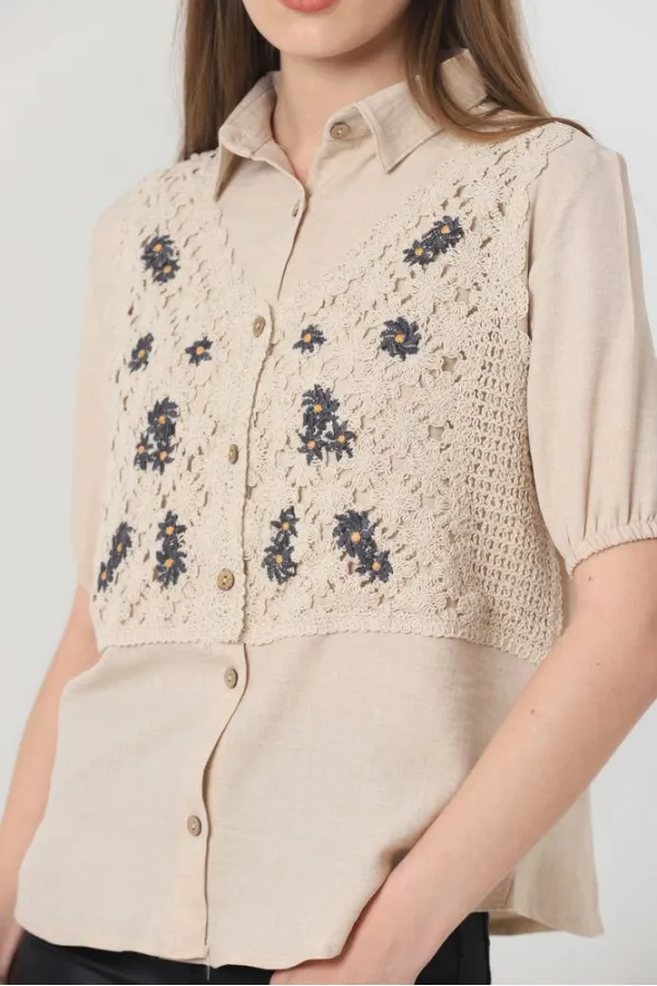 Topshow Taş Yarım Kol Dantel Detaylı Toptan Gömlek Topshow Taş Yarım Kol Dantel Detaylı Toptan Gömlek