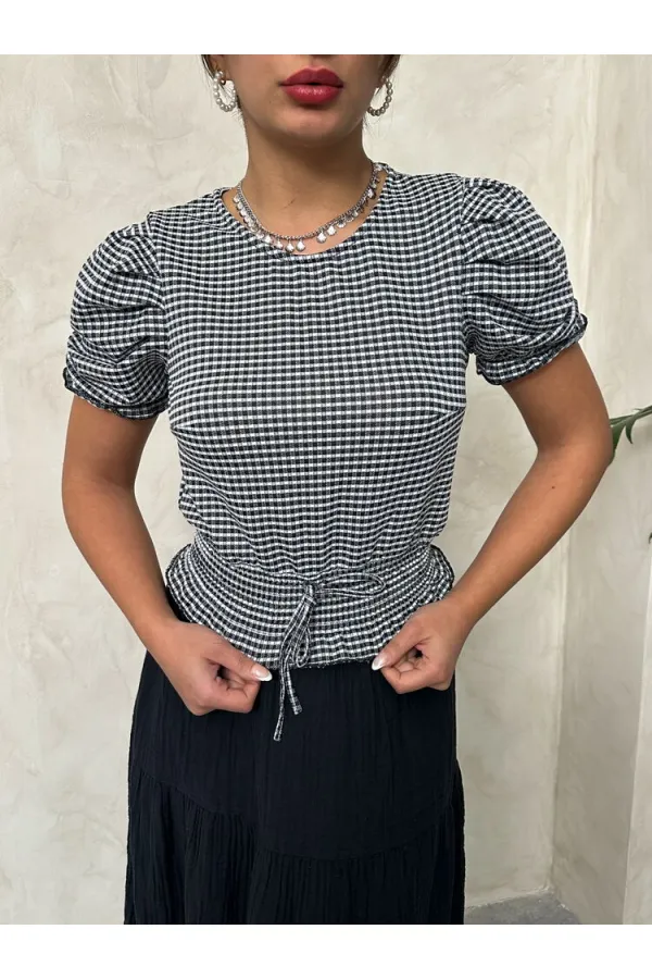 Topshow Black Waist Plaid Printed Wholesale Blouse