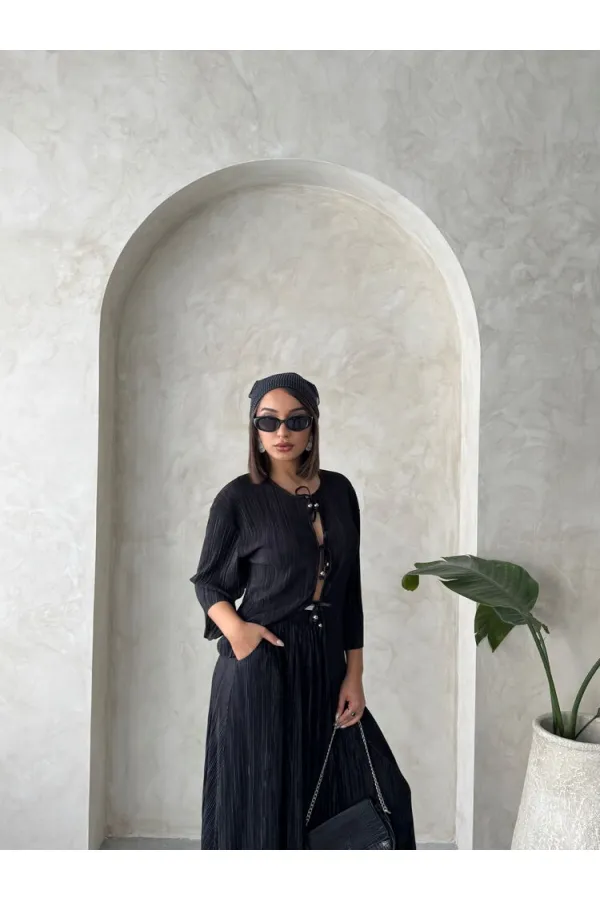 Önden Bağlamalı Plise Gömlek - Siyah | Topshow | F1739 Önden Bağlamalı Plise Gömlek - Siyah | Topshow | F1739