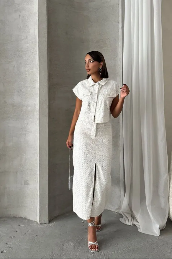 Sequined Denim Wholesale Skirt - White Dsn 1 | TOPSHOW | F1707