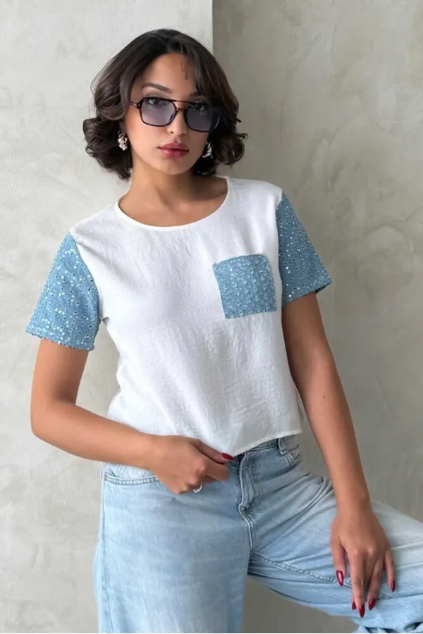 Denim Detailed Wholesale T-Shirt - Cream Blue | Topshow