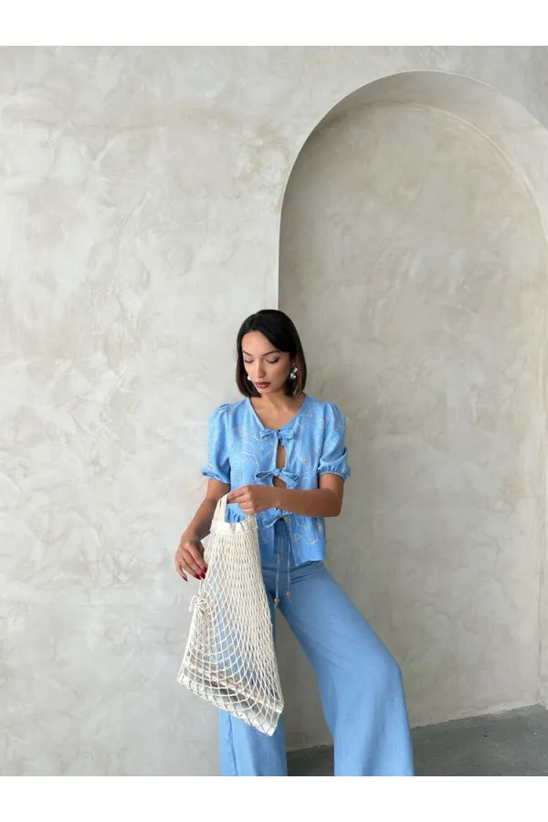 Front-Tie Embroidered Wholesale Blouse - Light Blue | Topshow