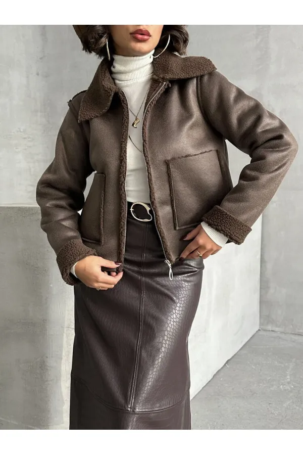 Süet Peluş Toptan Mont - Kahve Kahve | TOPSHOW | F1856