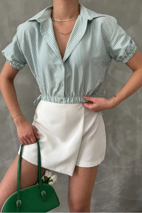 Topshow Zümrüt Pitikare Beli Kolucu Lastikli Toptan Gömlek