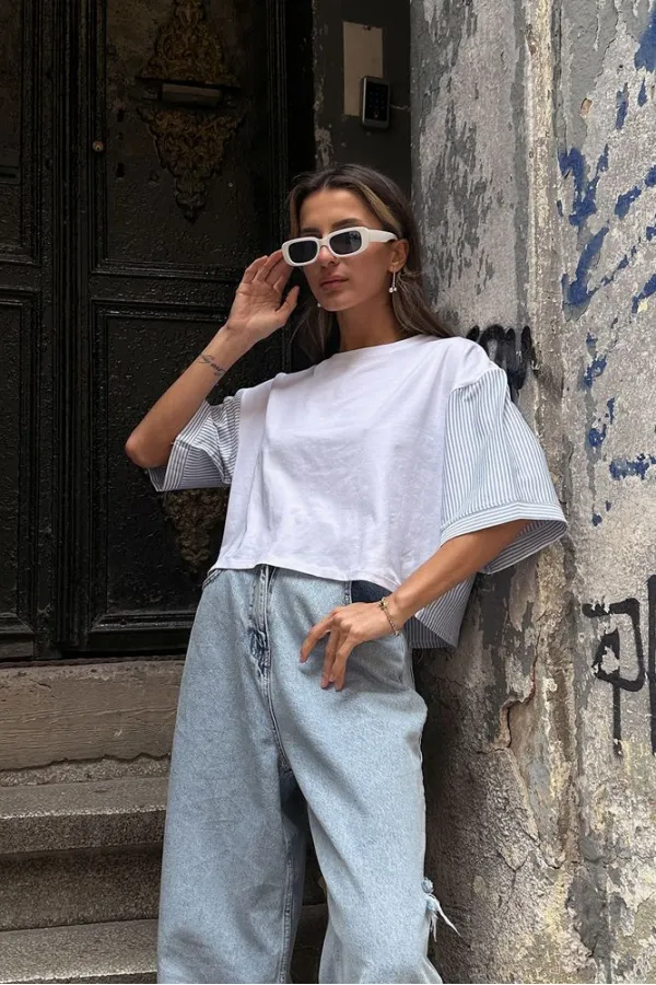 Topshow White Blue Garnished Crop Wholesale Blouse