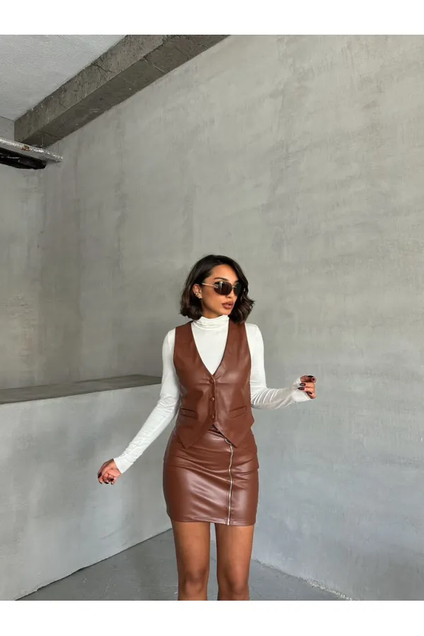 Jupe zippée en cuir - Tan | TOPSHOW | F0125
