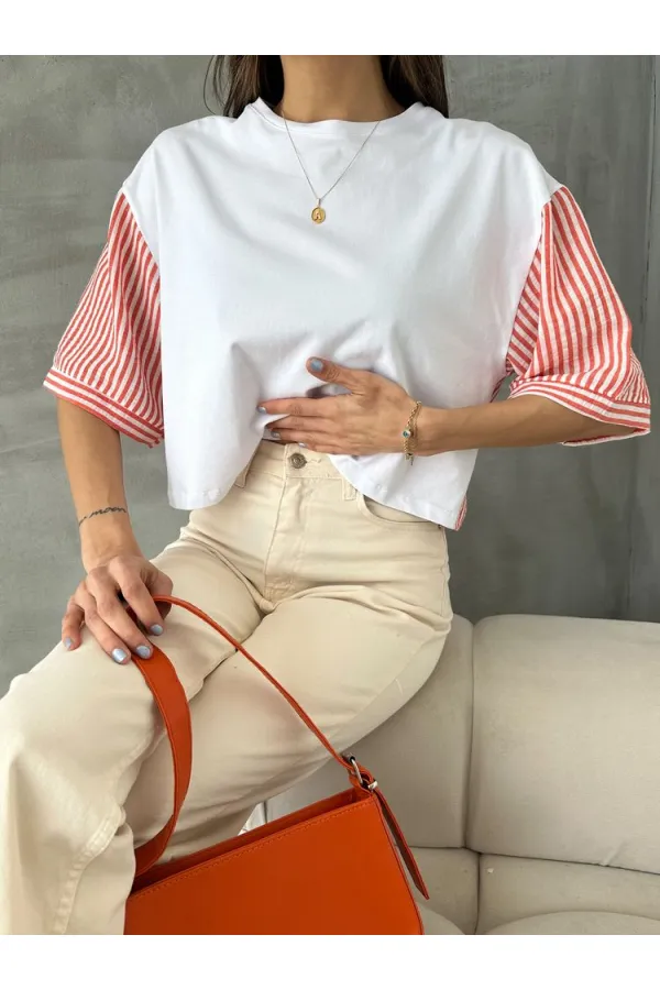 Topshow Orange Striped Poplin Sleeve Wholesale T-Shirt