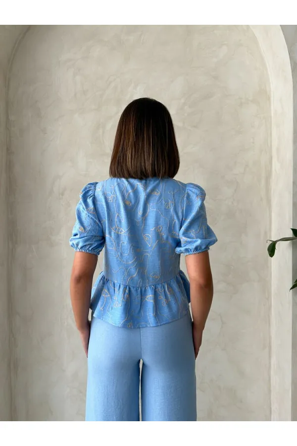 Front-Tie Embroidered Wholesale Blouse - Light Blue | Topshow
