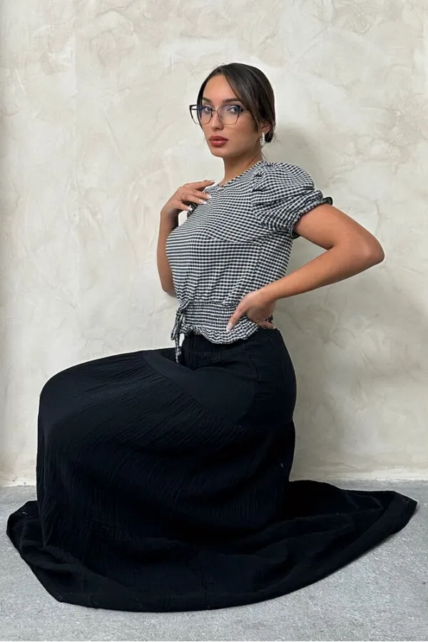 Topshow Black Waist Plaid Printed Wholesale Blouse