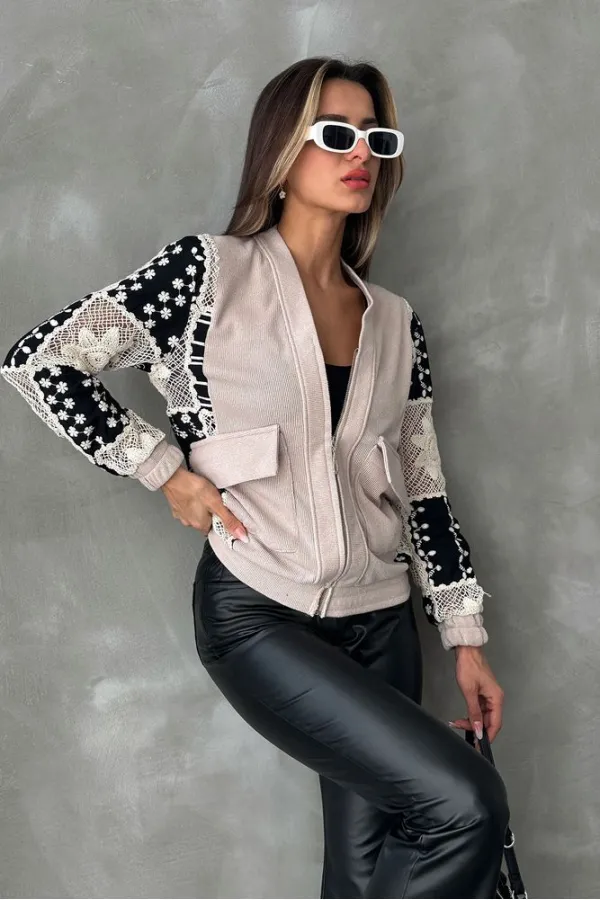 Gübür Detaylı Toptan Ceket - Taş | TOPSHOW | F1493
