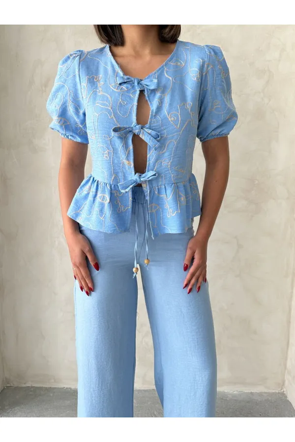 Front-Tie Embroidered Wholesale Blouse - Light Blue | Topshow
