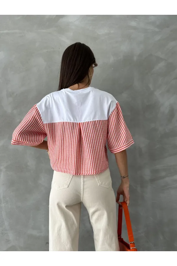 Topshow Orange Striped Poplin Sleeve Wholesale T-Shirt