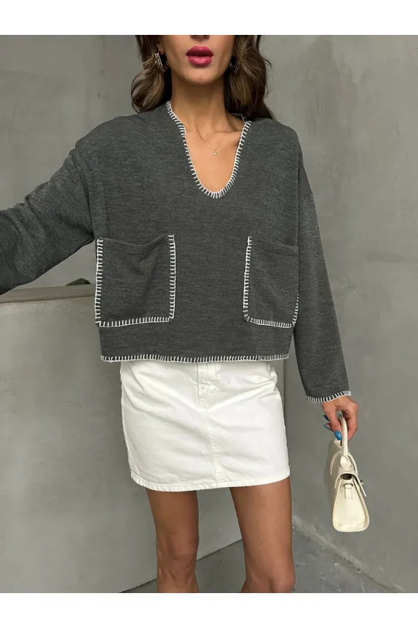 Çoban Dikişli Triko Toptan Bluz - Haki | TOPSHOW | F1652