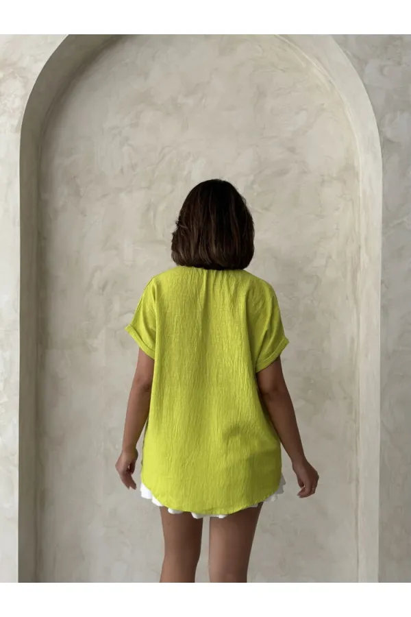 Topshow Fıstıkyeşili Keten Ham Cep Aplik Cepli Keten Toptan Gömlek