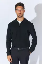 Men's Black Stand Collar Zippered Pique Knit Basic Sweater Men's Black Stand Collar Zippered Pique Knit Basic Sweater