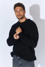 Pull ras du cou en maille noir pour homme (TRZ050) Pull ras du cou en maille noir pour homme (TRZ050)