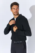 Men's Black Stand Collar Zippered Pique Knit Basic Sweater Men's Black Stand Collar Zippered Pique Knit Basic Sweater