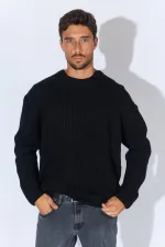 Pull ras du cou en maille noir pour homme (TRZ050) Pull ras du cou en maille noir pour homme (TRZ050)