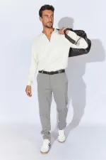 Men's Ecru Standing Collar Zippered Pique Knit Basic Sweater Men's Ecru Standing Collar Zippered Pique Knit Basic Sweater