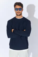 Men's Navy Blue Crew Neck Pique Knit Basic Sweater Men's Navy Blue Crew Neck Pique Knit Basic Sweater