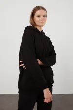 Sweat-shirt à capuche noir (TN0002) à triple fil et poche kangourou surélevée pour femme