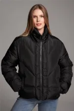 Women's Black Stand Collar Hidden Pocket Oversize Puffer Coat