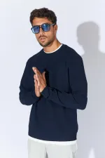 Men's Navy Blue Crew Neck Pique Knit Basic Sweater Men's Navy Blue Crew Neck Pique Knit Basic Sweater