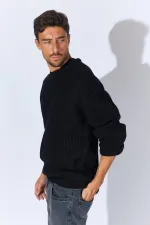 Pull ras du cou en maille noir pour homme (TRZ050) Pull ras du cou en maille noir pour homme (TRZ050)