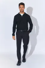 Men's Black Stand Collar Zippered Pique Knit Basic Sweater Men's Black Stand Collar Zippered Pique Knit Basic Sweater