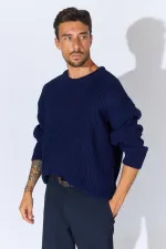Men's Navy Blue (TRZ050) Crew Neck Knitted Sweater Men's Navy Blue (TRZ050) Crew Neck Knitted Sweater