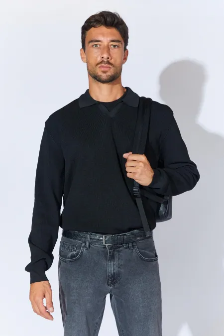Men's Black Footed V-Neck Ribbed Basic Knitwear Men's Black Footed V-Neck Ribbed Basic Knitwear