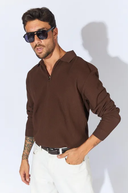 Men's Brown Stand Collar Zippered Pique Knit Basic Sweater Men's Brown Stand Collar Zippered Pique Knit Basic Sweater
