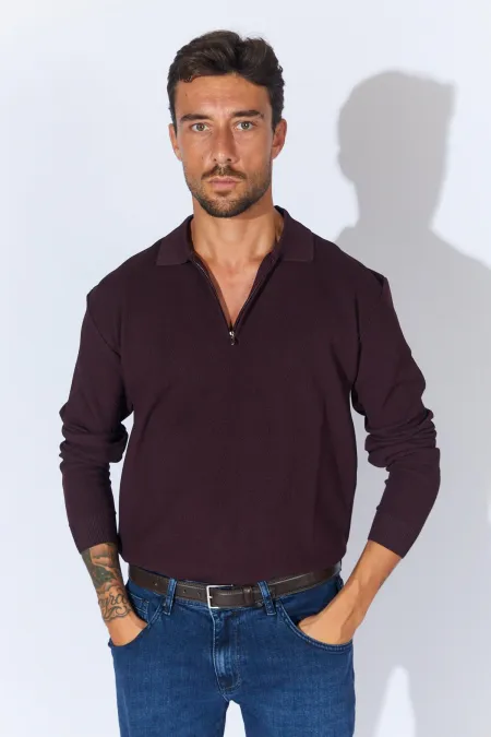 Men's Burgundy Stand Collar Zippered Pique Knit Basic Sweater Men's Burgundy Stand Collar Zippered Pique Knit Basic Sweater