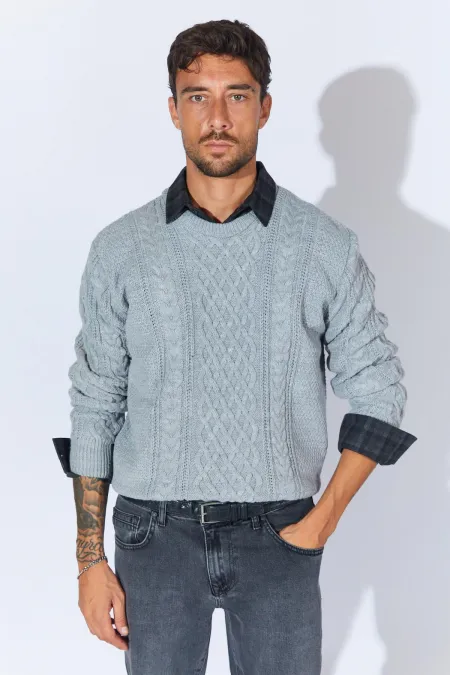 Men's Gray Melange Crew Neck Hair Knit Sweater Men's Gray Melange Crew Neck Hair Knit Sweater