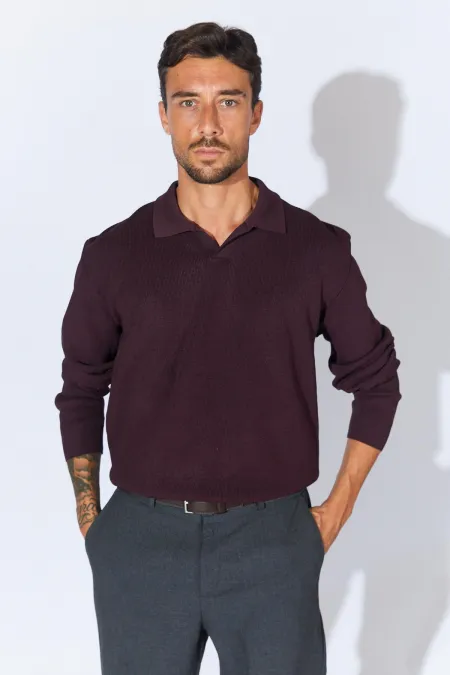 Men's Burgundy Footed V-Neck Ribbed Basic Knitwear Men's Burgundy Footed V-Neck Ribbed Basic Knitwear