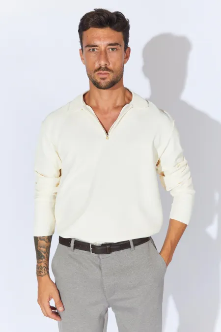 Men's Ecru Standing Collar Zippered Pique Knit Basic Sweater Men's Ecru Standing Collar Zippered Pique Knit Basic Sweater