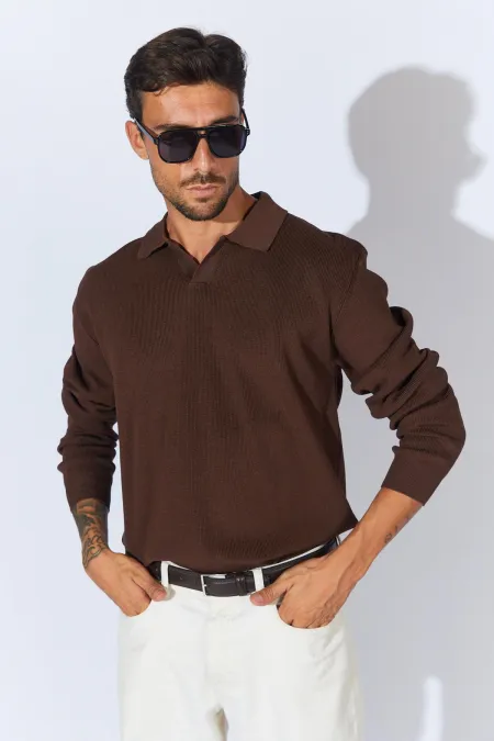 Men's Brown Footed V-Neck Ribbed Basic Knitwear Men's Brown Footed V-Neck Ribbed Basic Knitwear