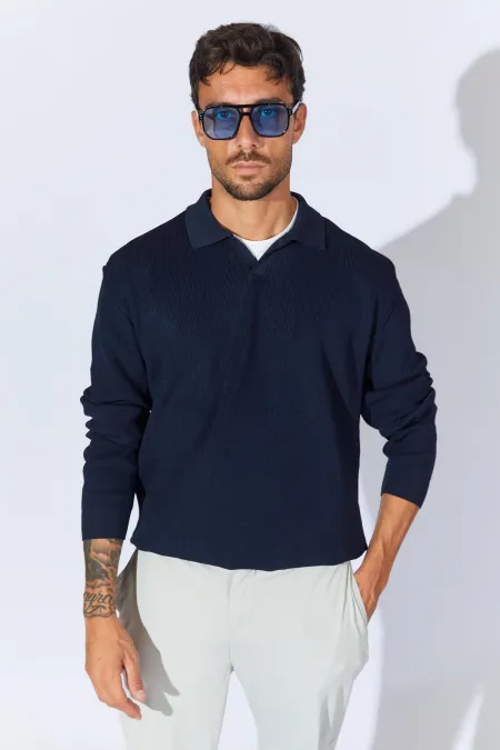 Men's Navy Blue Footed V-Neck Ribbed Basic Knitwear Men's Navy Blue Footed V-Neck Ribbed Basic Knitwear