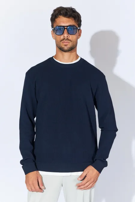 Men's Navy Blue Crew Neck Pique Knit Basic Sweater Men's Navy Blue Crew Neck Pique Knit Basic Sweater