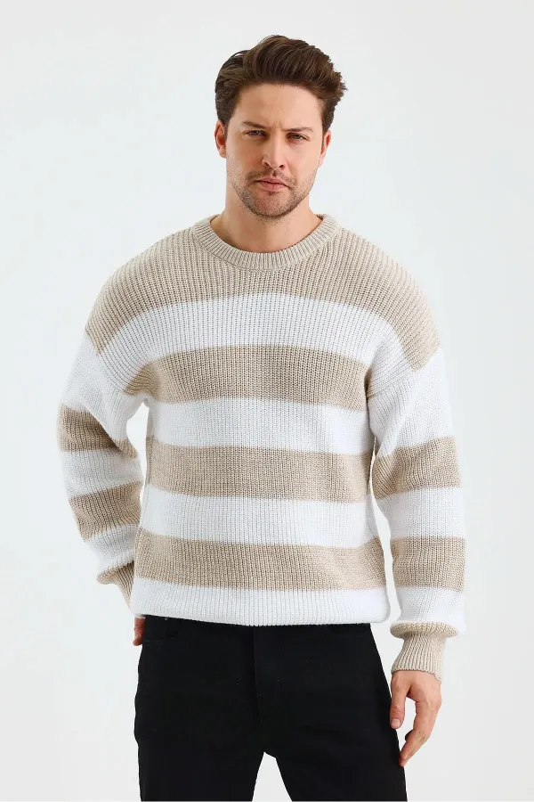 Pull rayé beige à col ras du cou pour homme Pull rayé beige à col ras du cou pour homme