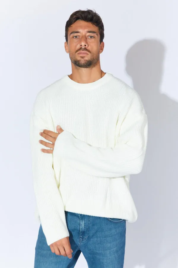 Pull ras du cou en maille écru pour homme (TRZ050) Pull ras du cou en maille écru pour homme (TRZ050)
