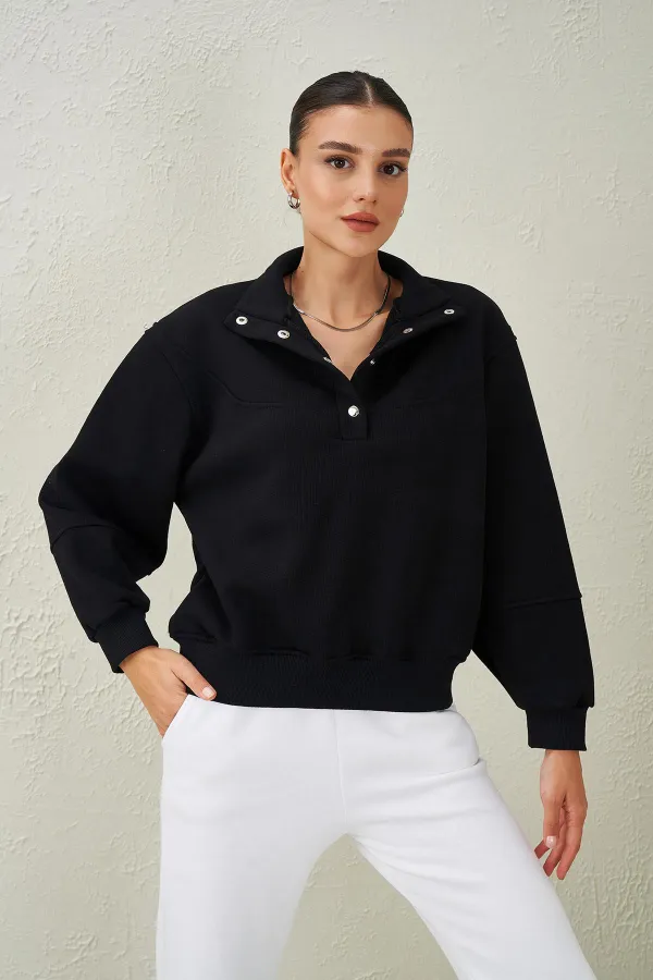Kadın Siyah ( 25130 ) Dik Yaka Önü Çıtçıtlı Üç İplik Sweatshirt