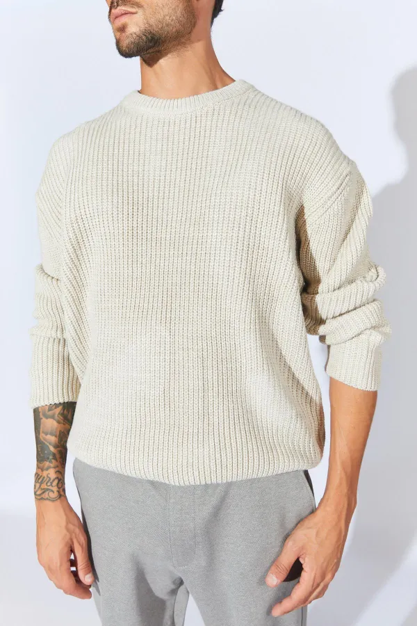 Pull col rond beige pour homme (TRZ050) Pull col rond beige pour homme (TRZ050)